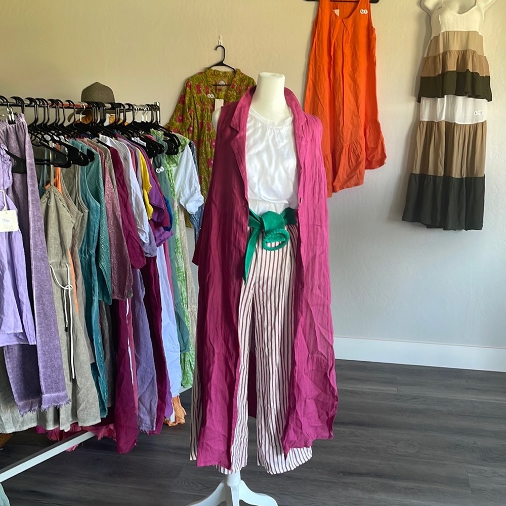 Top+linen long Vest+linen straight Trousers. Made in Italy. Boho-Chic